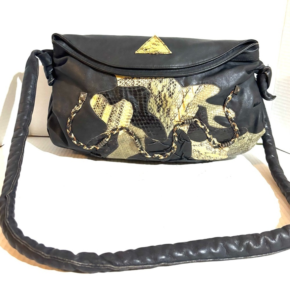 Vintage Stylish Black Leather & snakeskin patchwork crossbody handbag